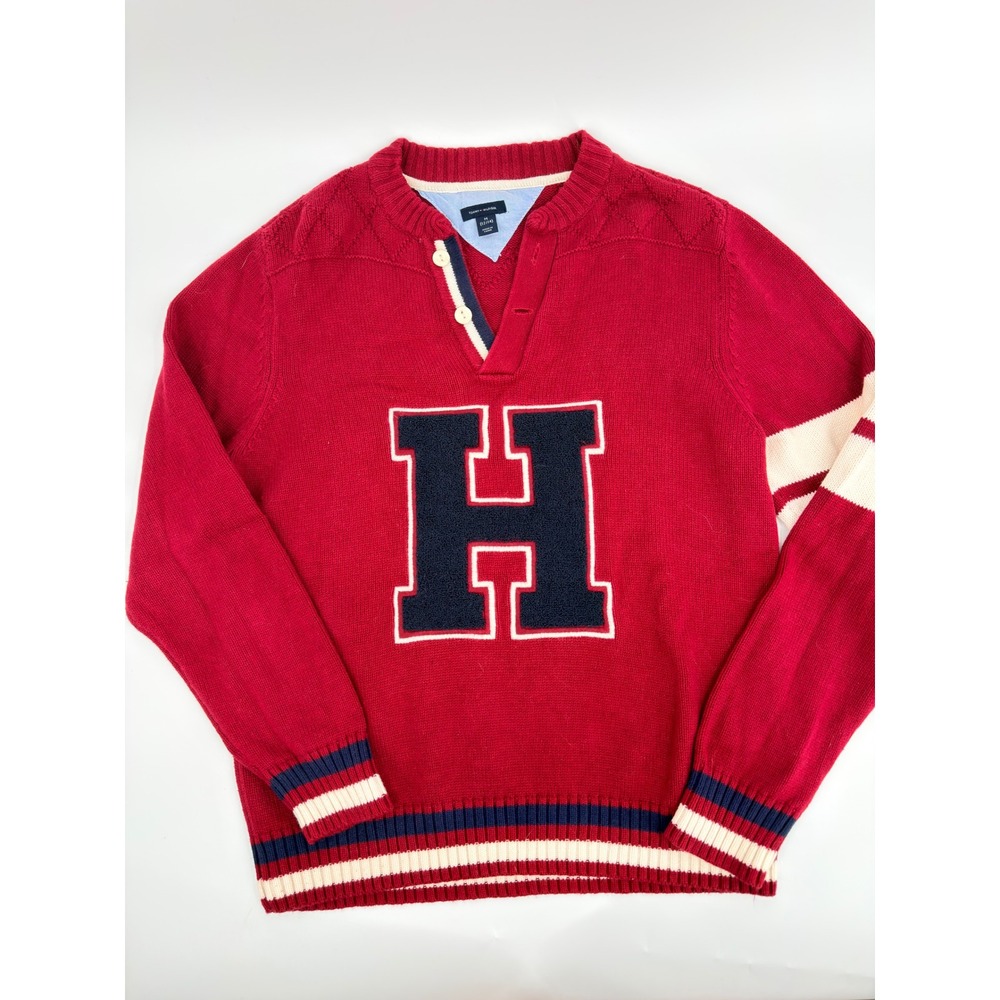 Tommy Hilfiger Sweater Henley Varsity Big Logo Modern Boys Size M 12/14 Red Blue